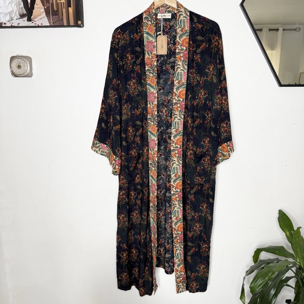 New Natural Life Camila Indigo Floral Kimono Long Duster Boho Women's S/M